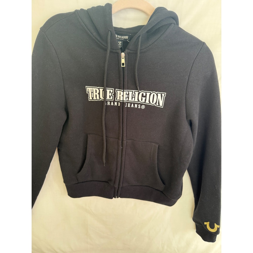 True Religion Hoodie Womens M Black New NWT Alternating Classic Zip Sweatshirt